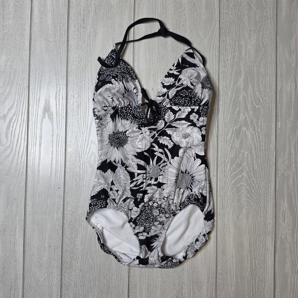 Liberty of London Target Black White Floral Halter One Piece Swimsuit Size Small